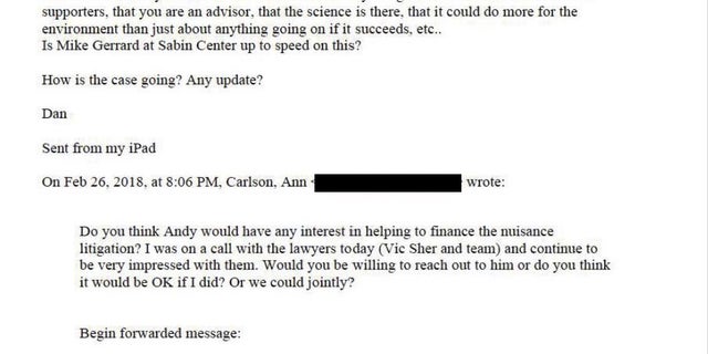 Months later, Emmett emails Carlson, saying she can mention to prospective donors that he and the Leonardo DiCaprio Foundation, at the time led by CEO Terry Tamminen, are supporters of Sher Edling's litigation.