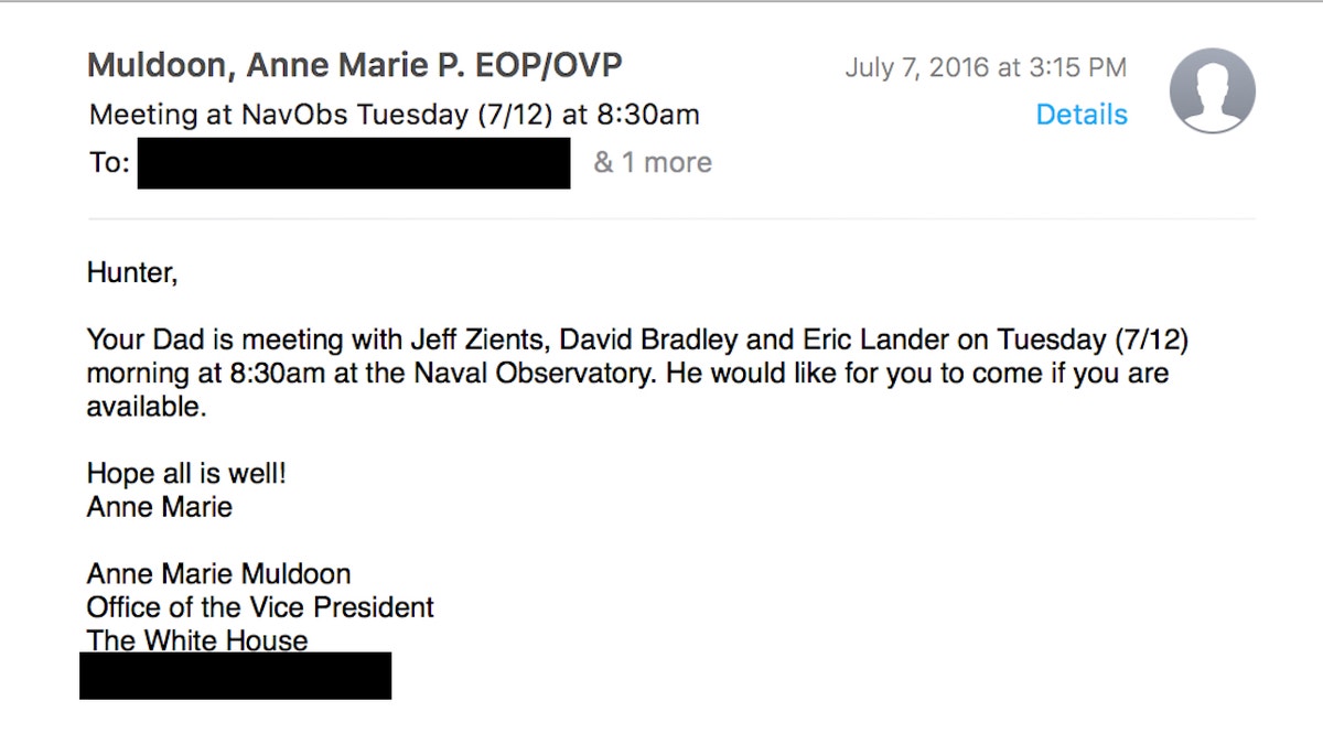 Former President Biden aide Anne Marie Muldoon invites Hunter Biden to a meeting with Zients and his father in July 2016.