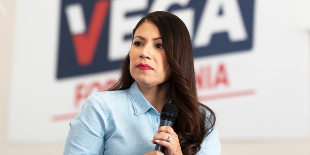 Yesli Vega, a congressional candidate for Virginia's 7th District, speaks during a campaign event on June 20, 2022, in Fredericksburg.